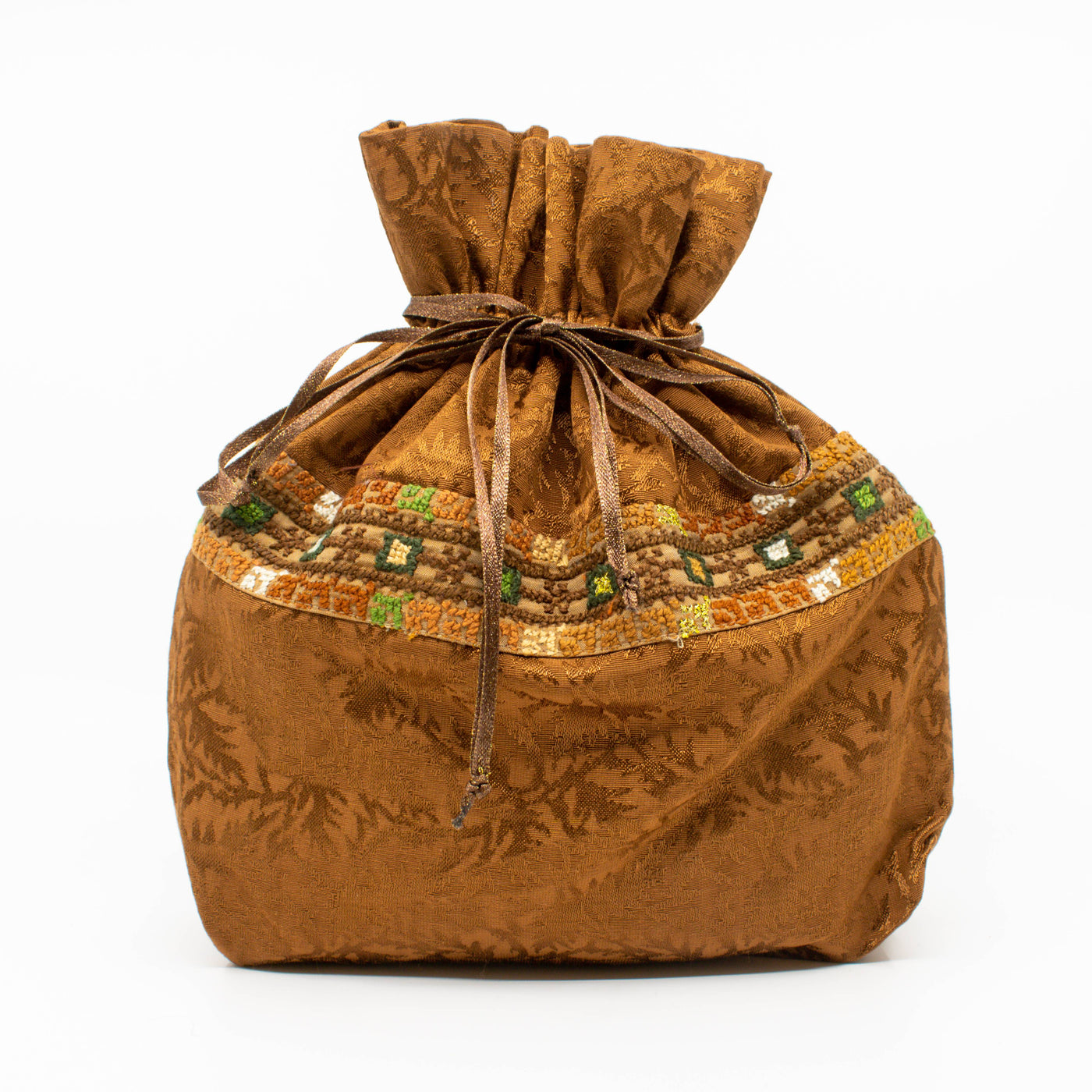 Brown Brocade Drawstring Pouch